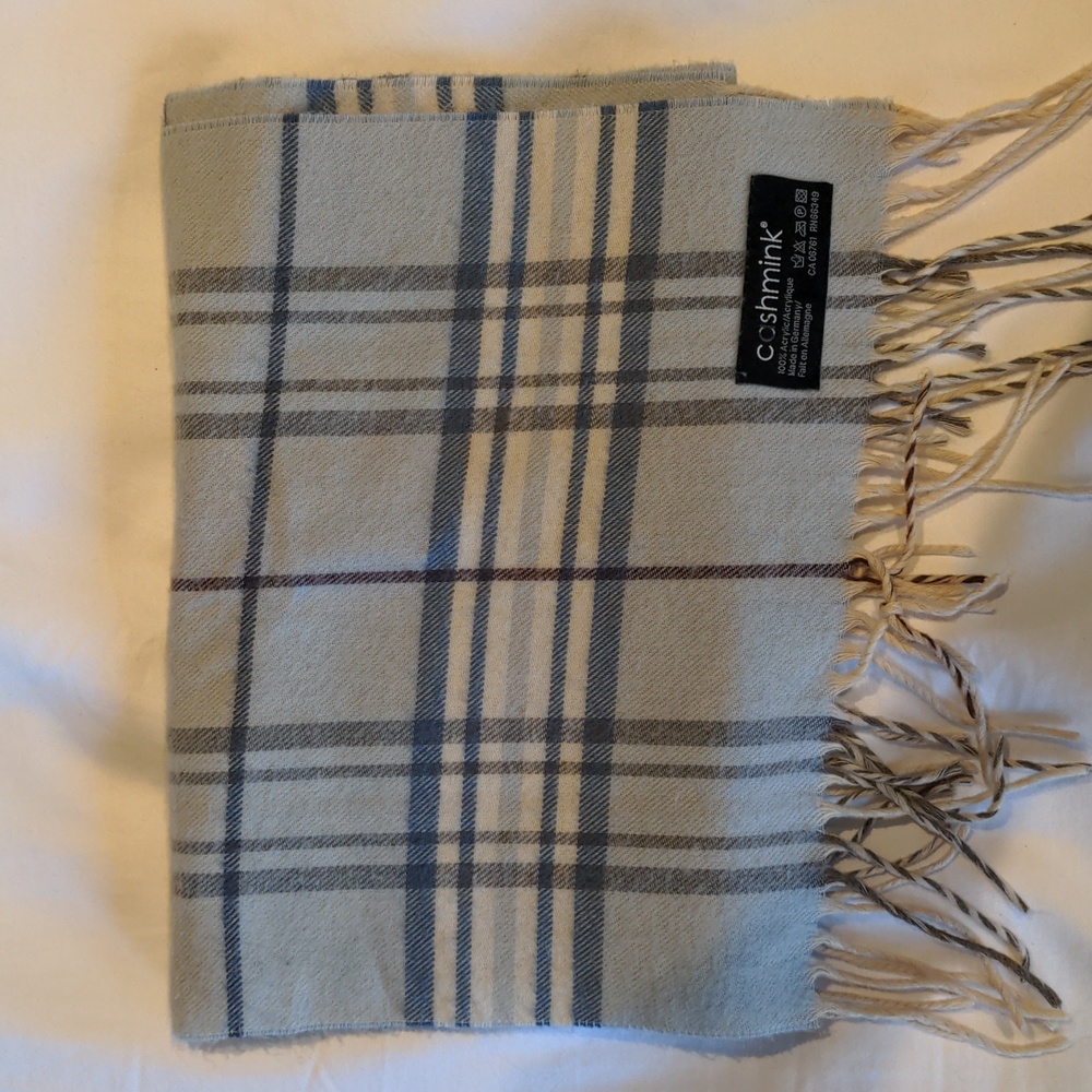 Cashmink Blue Plaid Cozy Scarf Fringe Edge